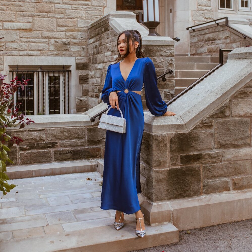 Ever New Royal Blue Satin Maxi Dress with Center Ring Detail - Picture 3 of 10